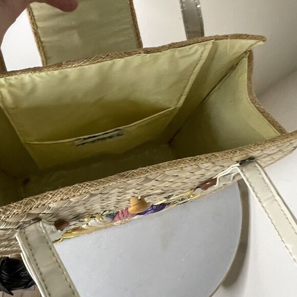 Vintage Handmade in Philippines Woven Straw Bag Pink Yellow Purple Flowers - Picture 10 of 12